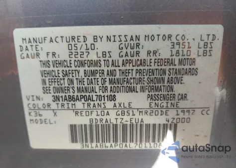 2010 Nissan Sentra 2.0S from USA, damaged, VIN 3N1AB6AP0AL701108